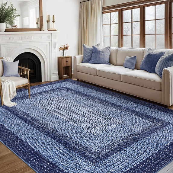 Nanan 9'x12' Braided Print Area Rug Non Slip Farmhouse Carpet, Washable Rug Non Shedding Stain Resistant Indoor Mats for Living Room Bedroom Nursery Office, Navy Blue