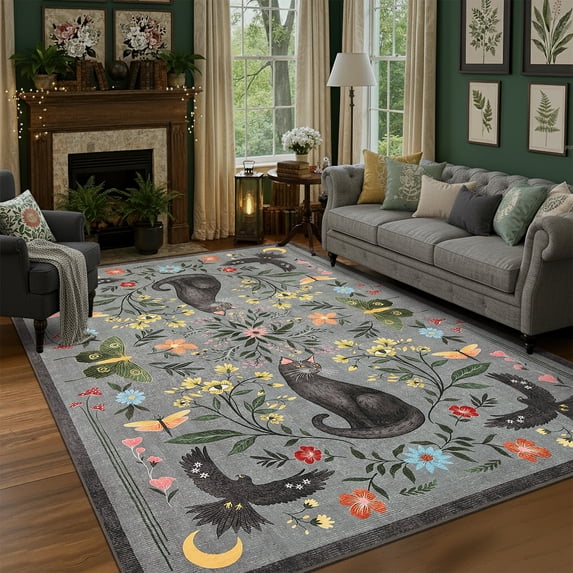 Nanan 9'x12' Cat Area Rugs for Living Room Bedroom, Large Washable Non Slip Low Pile Accent Rug, Soft Foldable Carpet, Gray