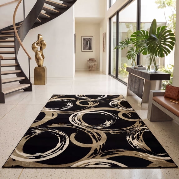 Nanan 9'x12' Geometric Area Rug Modern Abstract Rug with Non Slip Backing, Soft Machine Washable Indoor Carpet for Living Room, Bedroom, Dining Room, Black