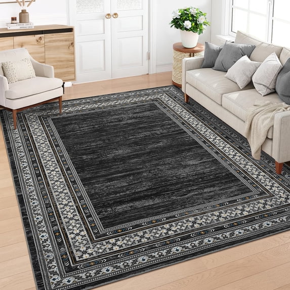Nanan 9'x12' Geometric Bordered Area Rug Modern Throw Carpet, Washable Rug Soft Non Slip Indoor Floor Mat for Living Room Bedroom Home Decor, Black