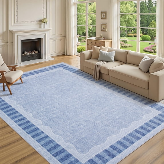 Nanan 9'x12' Machine Washable Area Rug Classic Solid Striped Wavy Border Non-Slip Indoor Floor Carpet for Living Room Bedroom Entryway, Light Blue