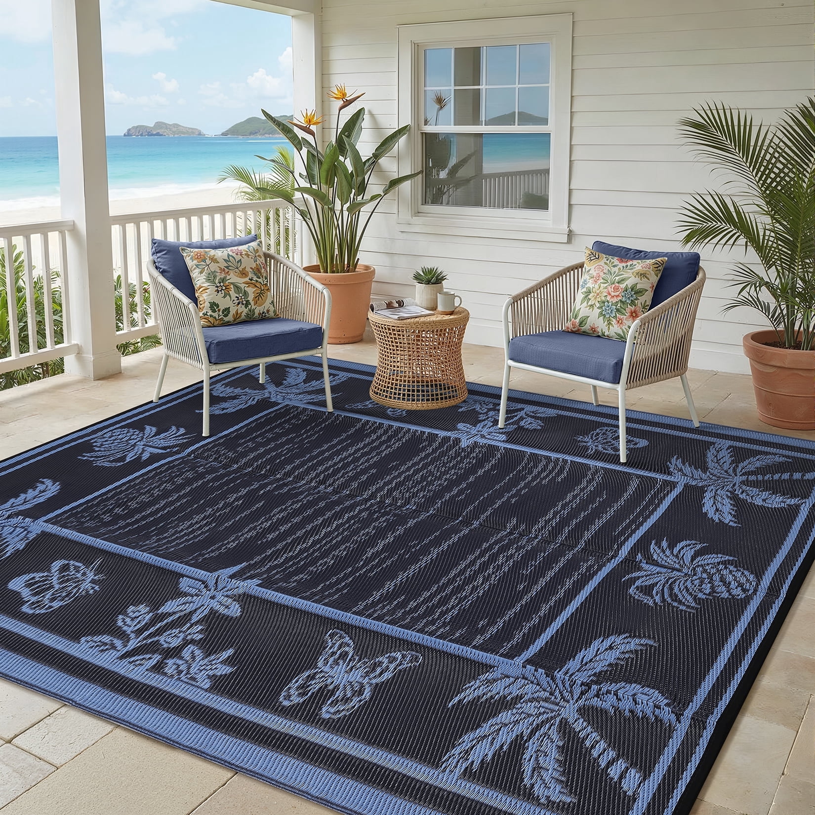Nanan 9'x12' Outdoor Rug, Waterproof Reversible Patio Rug, Portable Foldable Floor Cover for Camping, Picnic, Beach, Deck, Backyard, Dark Blue Purple