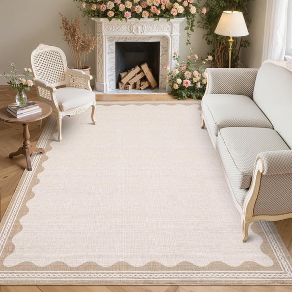 Nanan 9'x12' Scalloped Area rug Solid Minimalism Carpet, Washable Rug Non-Slip Low-Pile Indoor Mat for Living Room Bedroom Dining Room, Beige