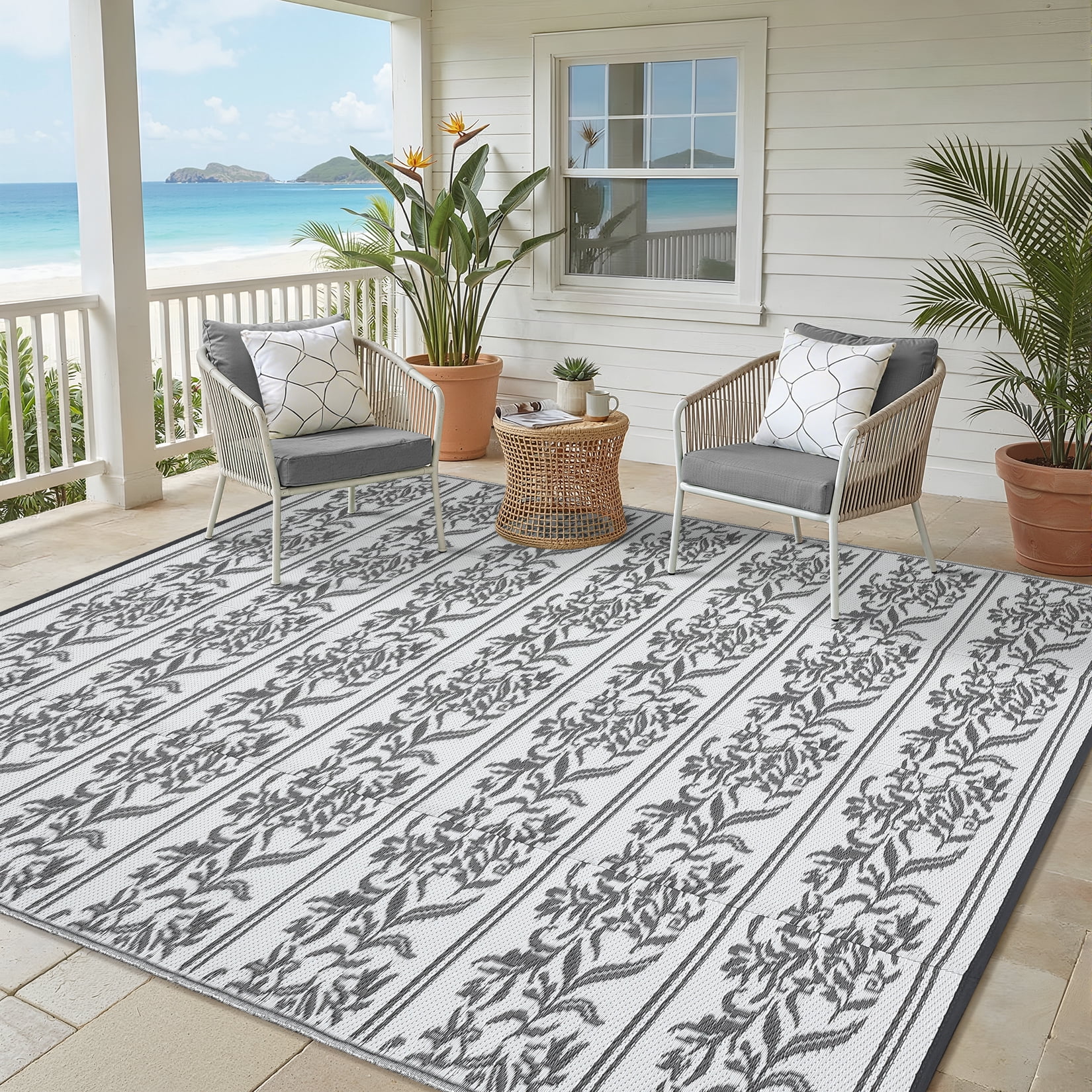Nanan 9'x18' Outdoor Patio Rug Waterproof Reversible Outdoor Rug Portable Foldable Floral Mat for Camping Balcony Backyard RV Picnic, Gray White