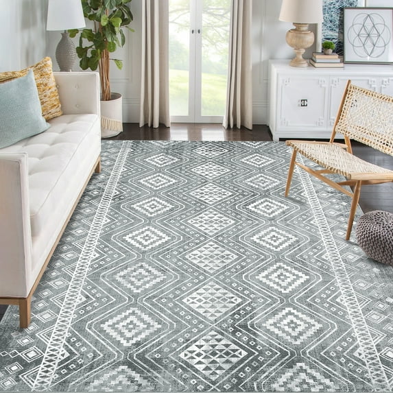Nanan, 9x12 Area Rug, Geometric Machine Washable and Non-Slip Low-Pile Indoor Floor Carpet, Stain Resistant Rug for Living Room Bedroom Kitchen, Dark Gray