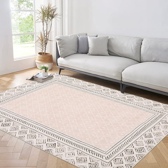 Nanan, 9x12 Area Rug, Modern Geometric Bordered Area Rug - Non-Slip, Stain Resistant Low-Pile Carpet for Living Room Bedroom Dining Room Office, Soft Durable Indoor Floor Rug, Beige & Camel
