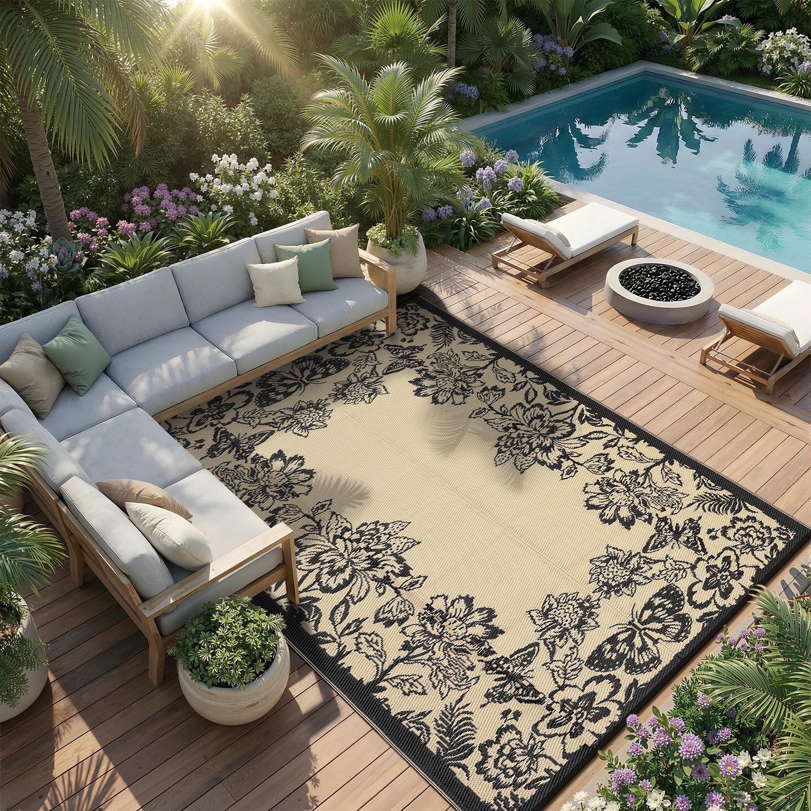 Nanan 9x12 Ft Outdoor Patio Rug, Plastic Straw Rug, Modern Waterproof Reversible Outdoor Rugs for Camping Picnic Backyard Balcony, Black Coffee