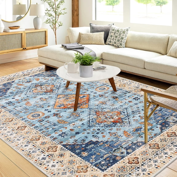 Nanan 9x12 Washable Area Rug, Non-Slip Stain Resistant Low Pile Floor Carpet for Living Room Bedroom Kitchen Entryway, Yellow Blue
