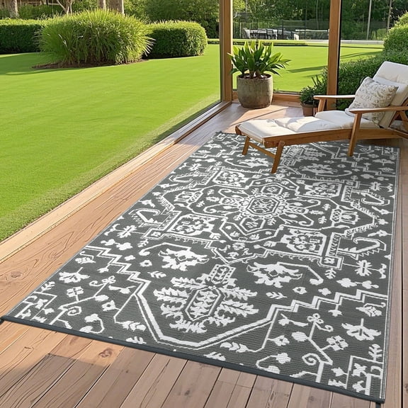 Nanan 9x12 Outdoor Patio Rug, Portable Waterproof Plastic PP Tube Rug, Modern Scalloped Edge Mat for Deck, Yard, Camping, Balcony & Poolside, Gray White