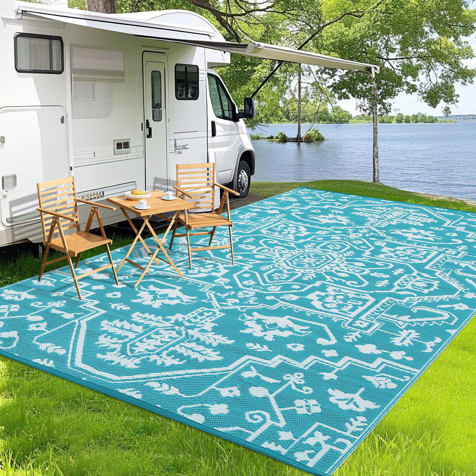 Nanan 9x12 Outdoor Patio Rug, Portable Waterproof Plastic PP Tube Rug, Modern Scalloped Edge Mat for Deck, Yard, Camping, Balcony & Poolside, Light Blue/White