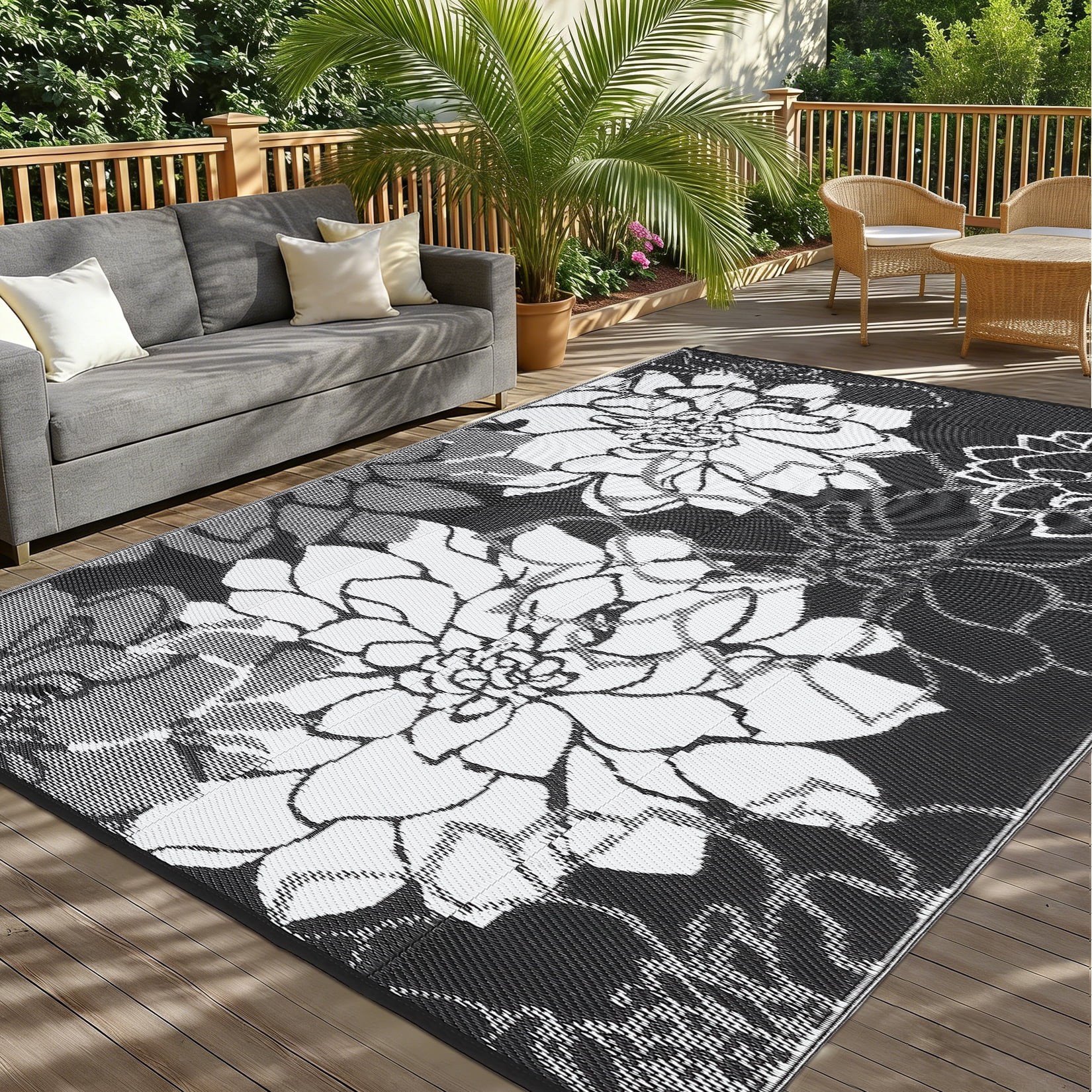 Nanan 9x12ft Outdoor Rug Waterproof Reversible Plastic Straw Patio Rug, UV Resistance Portable Floral Camping Carpet for Deck, Porch, Balcony, Backyard, Black White