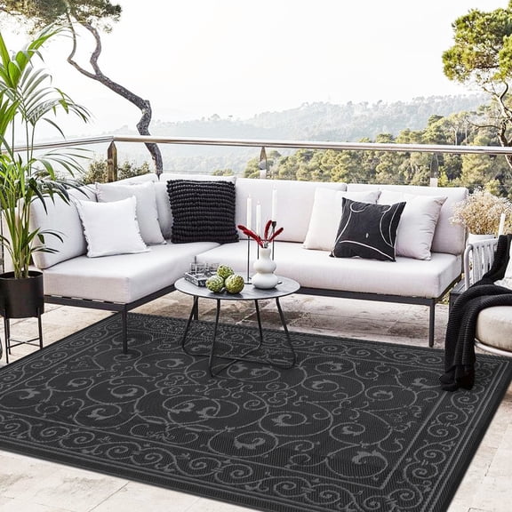 Nanan 9x18 Outdoor Rug, Waterproof UV Protected Fade Resistant Reversible Plastic Straw Patio Mat for RV, Camping, Deck, Yard, Garden, Balcony, Poolside, Black Grey