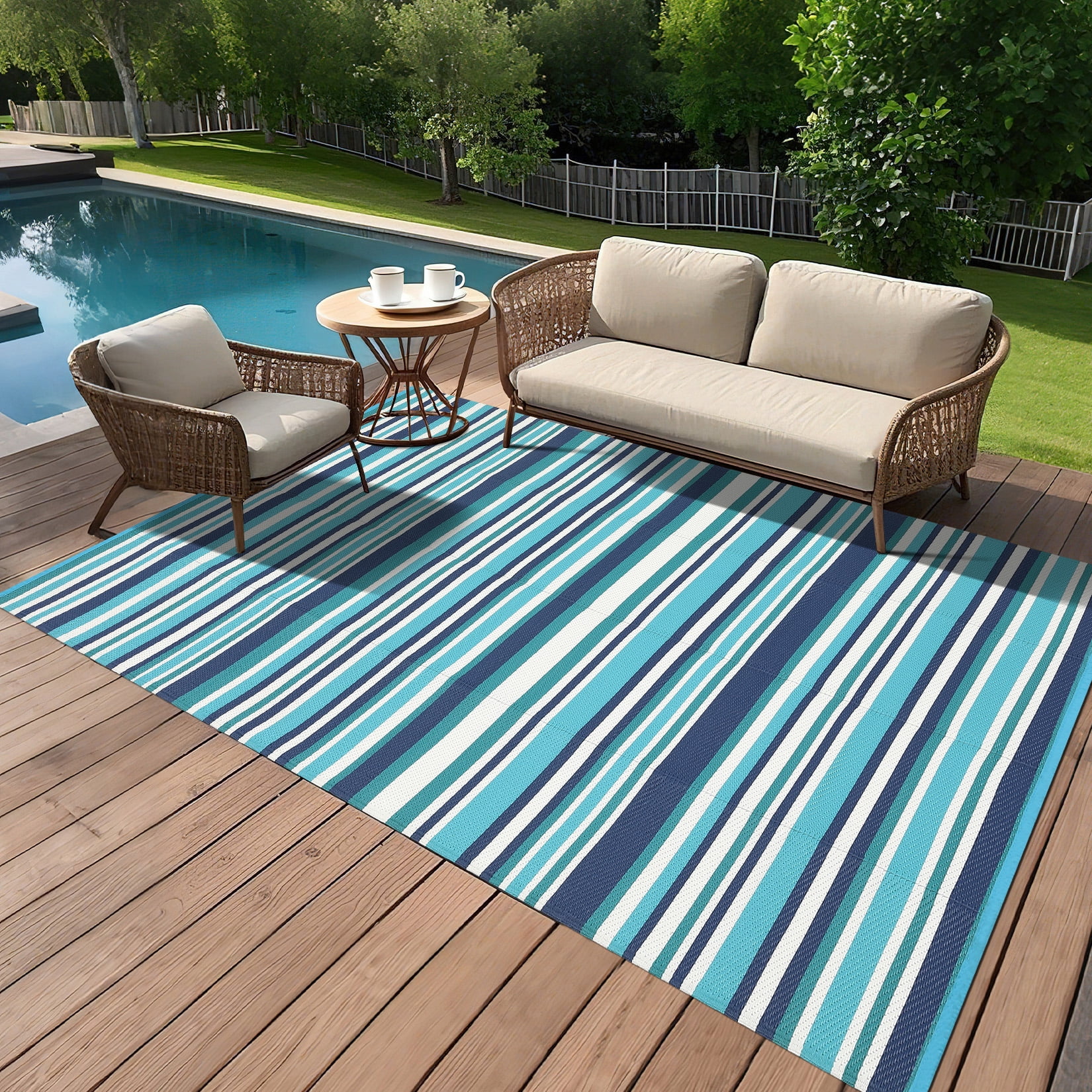Nanan 9x18 Waterproof Outdoor Patio Rug, Reversible Plastic Straw Mat, Modern Striped Patio Carpet for RV, Camping, Balcony, Poolside & Garden, Blue/Multi