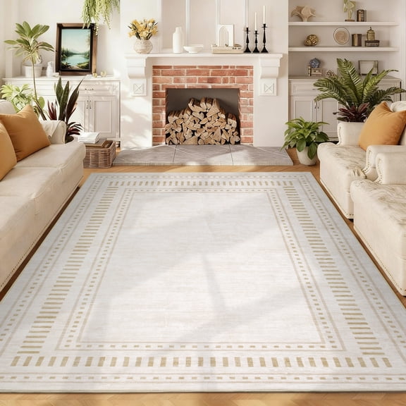 Nanan Modern Bordered Area Rug 5'x7' Geometric Solid Carpet, Non Slip Washable Rug for Living Room Bedroom Home Decor, Beige