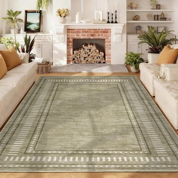 Nanan Modern Bordered Area Rug 5'x7' Geometric Solid Carpet, Non Slip Washable Rug for Living Room Bedroom Home Decor, Green