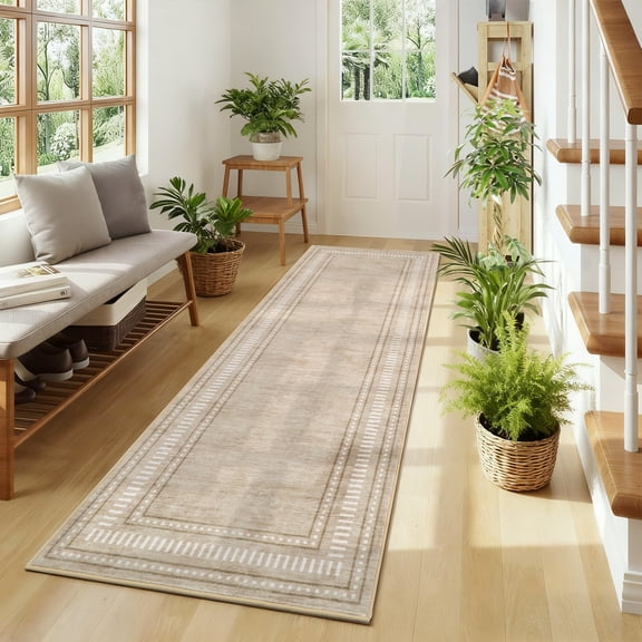 Nanan Modern Bordered Runner Rug 2'x6' Geometric Solid Carpet, Non Slip Washable Rug for Hallway Bedroom Home Decor, Camel