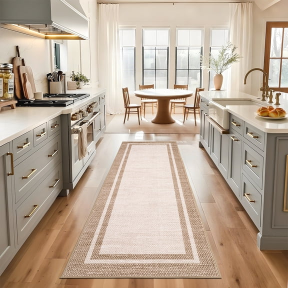 Nanan Modern Bordered Runner Rug 2'x8' Solid Rugs with Non Slip Backing, Washable Rugs Stain Resistant Indoor Floor Mats for Living Room Bedroom Home Decor, Beige