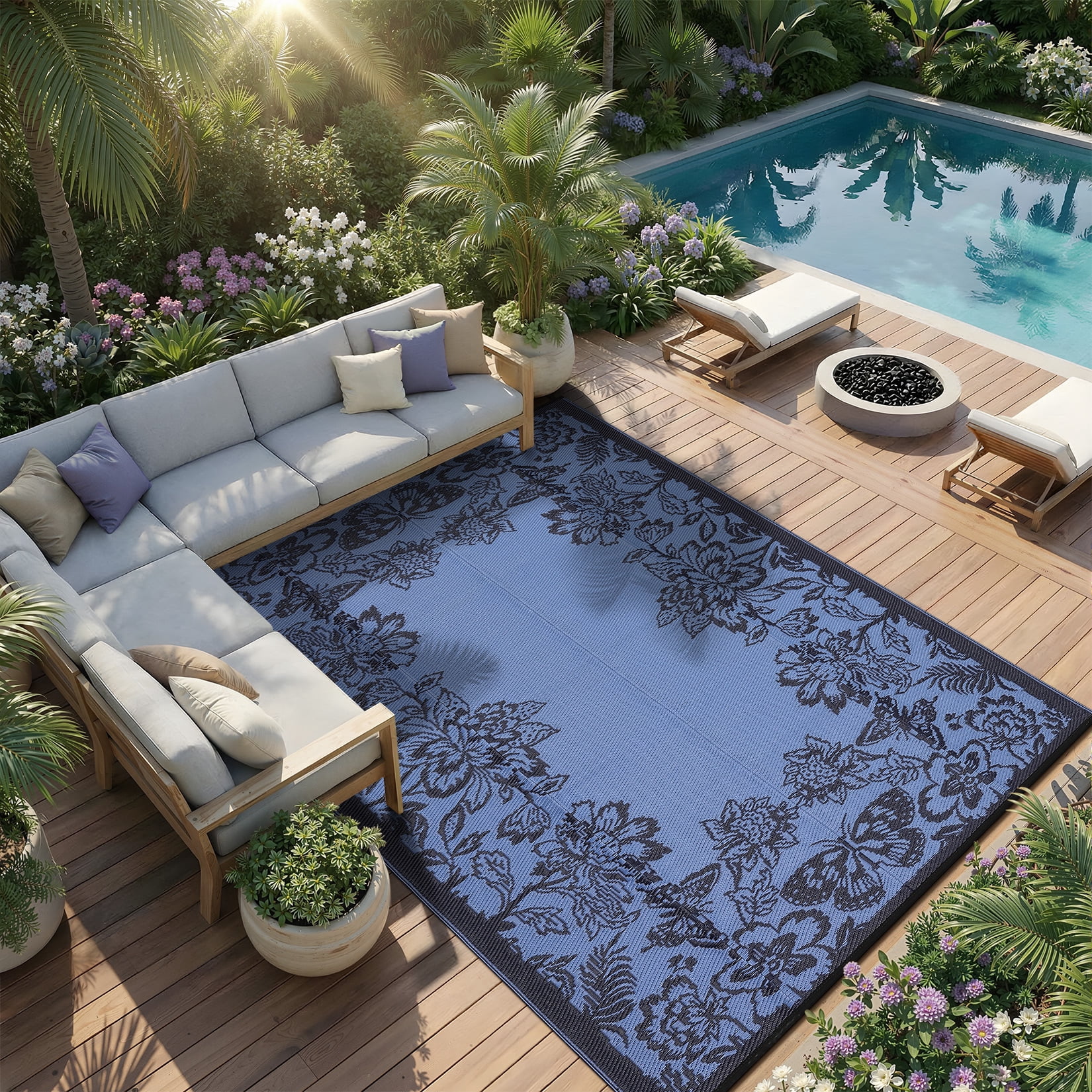 Nanan Outdoor Patio Rug 8x10 Ft, Plastic Straw Rug, Floral Pattern Waterproof Reversible Outdoor Rugs for Camping Picnic Backyard Balcony, Blue Purple
