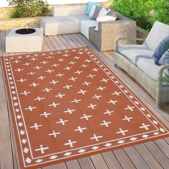 Nanan Outdoor Rug 9x18ft Modern Bordered Area Rugs, Waterproof Reversible Patio Rug Plastic Straw Outdoor Carpet for Deck, Backyard, Porch, RV & Camping, Orange & White