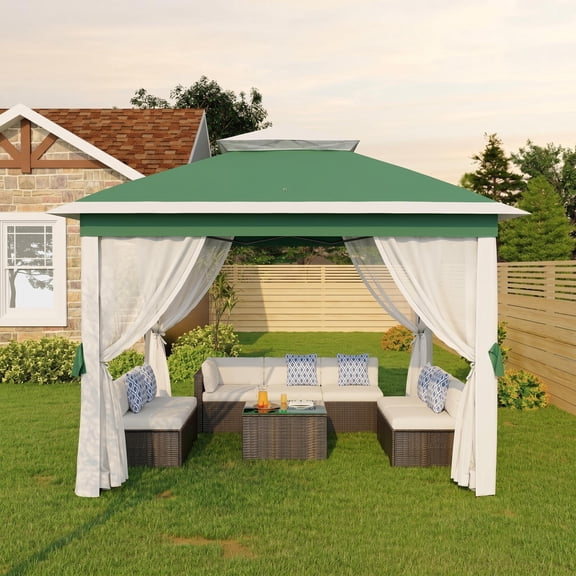 Nanan Pop-up Gazebo 10.8'x10.8' Outdoor Gazebo Canopy with Mosquito Netting, Patio Tent Backyard Canopy with 2-Tiered Vented Top 3 Adjustable Height, Green