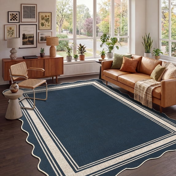 Nanan Scalloped Area Rug 10'x13' Edge Jute Rug, Washable Non Slip Low Pile Indoor Outdoor Rug Farmhouse Carpet for Living Room Dining Room Patio Entryway, Blue