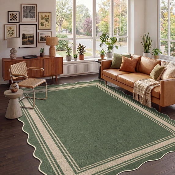 Nanan Scalloped Area Rug 10'x13' Edge Jute Rug, Washable Non Slip Low Pile Indoor Outdoor Rug Farmhouse Carpet for Living Room Dining Room Patio Entryway, Green
