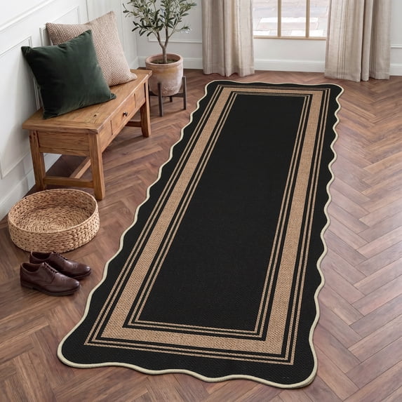 Nanan Scalloped Runner Rug 2'x6' Edge Jute Rug, Washable Non Slip Low Pile Indoor Outdoor Rug Farmhouse Carpet for Living Room Dining Room Patio Entryway, Black Coffee