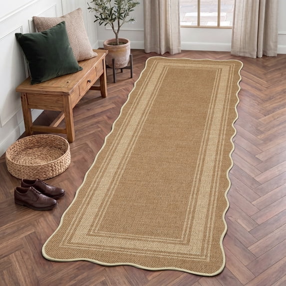 Nanan Scalloped Runner Rug 2'x6' Edge Jute Rug, Washable Non Slip Low Pile Indoor Outdoor Rug Farmhouse Carpet for Living Room Dining Room Patio Entryway, Heather