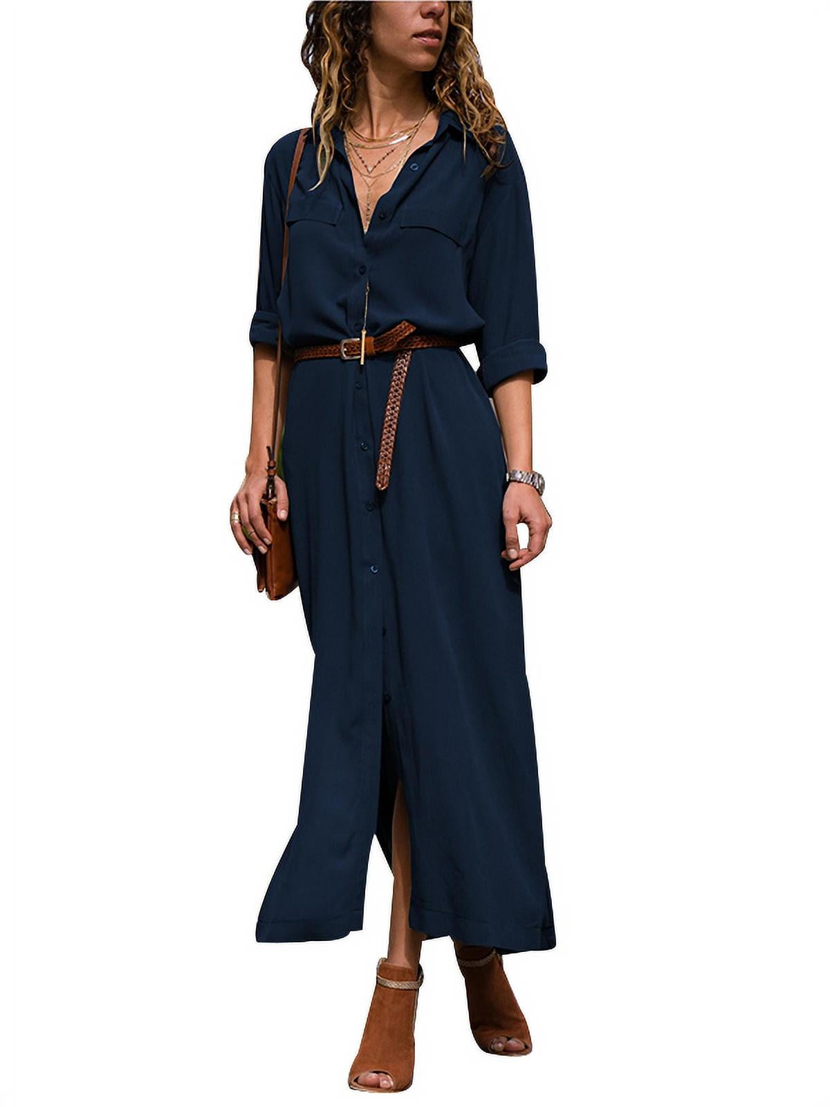 Nananla Spring Women Casual Long Sleeve Solid Shirt Dress - Walmart.com