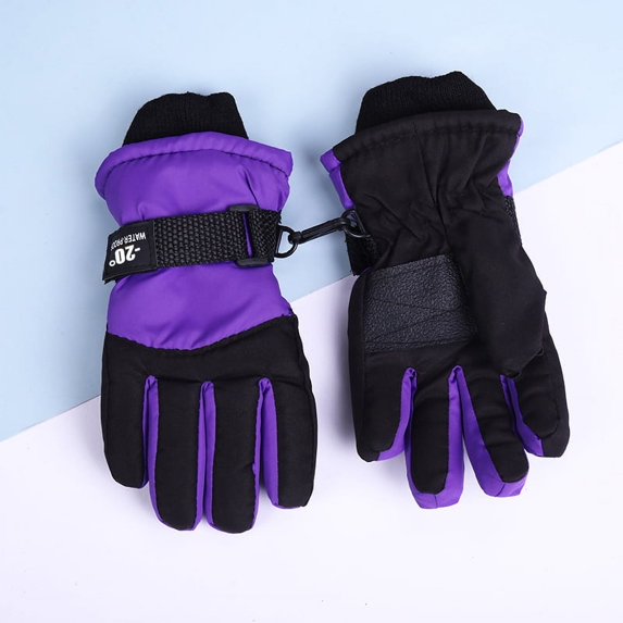 Nanbowan Kids Warm Gloves, Kids Winter Waterproof Snow Gloves, Toddler Bulky Ski Gloves, Insulated Warm Boys Girls Children Windproof Adjustable Gloves, Purple, 10-15 years old