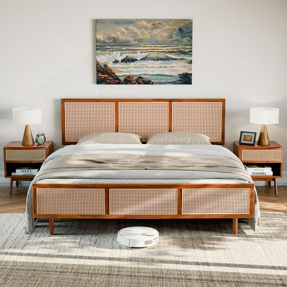 Nancy 43" King Platform Bed Frames with Woven Rattan Headboard, Mid Century Modern Design, Solid Acacia Wood, Dark Chocolate