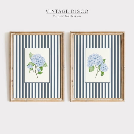 Nancy Meyers Navy Striped Hydrangea French Country Cottagecore Decor Vintage Farmhouse Floral Coastal Grandma Modern Wall Decor Prints Set 2