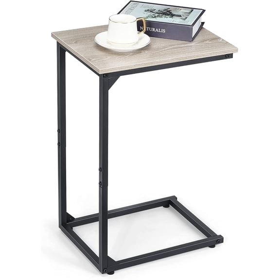 Nandae C Shaped End Table, Rustic Side Table Tray Side Table Bedside Table with Metal Frame for Laptop, Snack, Sofa Couch, Bed Living Room Bedroom, Greige