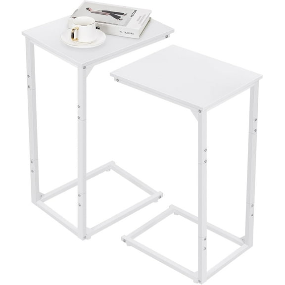 Nandae C Shaped End Table Set of 2, Rustic Tray Side Table Bedside Table with Metal Frame for Laptop, Snack, Sofa Couch, Bed Living Room Bedroom, White