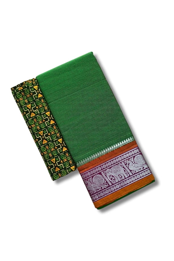 Women's Chettinad Handloom Cotton Saree With Kalamkari Printed Blouse - Plain | Handloom Woven | 100% Pure Cotton | Light Weight | Vibrant Color | Starched