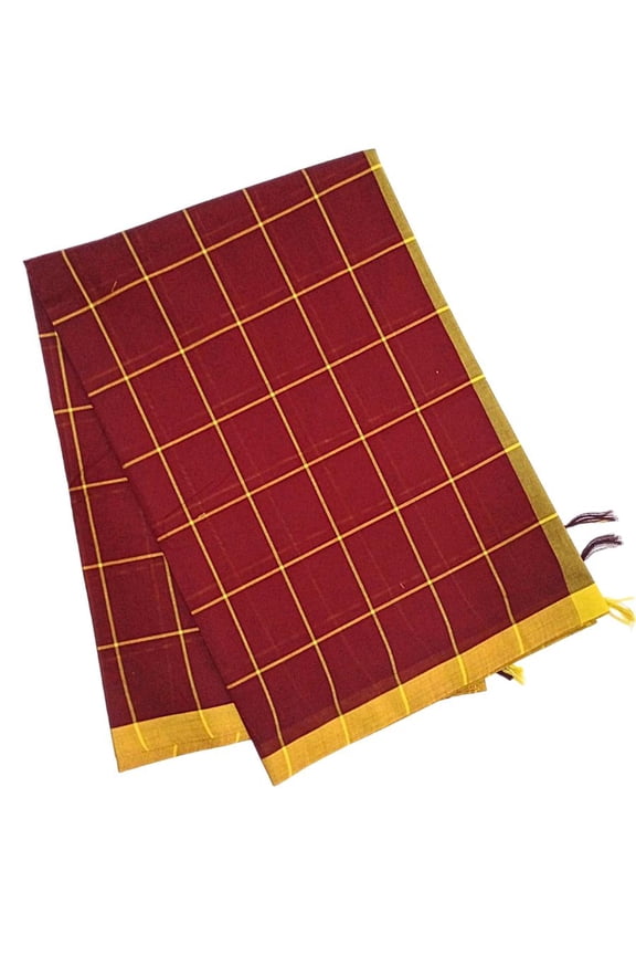 Women's Chettinad Handloom Cotton Saree With Running Blouse - Checked | Handloom Woven | 100% Pure Cotton | Light Weight | Vibrant Color | Starched