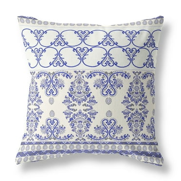 Nandini Flowers Indoor/Outdoor Pillow with Removable Cover in Off-White Blue 16x16