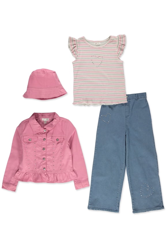 Nanette Girls' 4-Piece Twill Jacket Set Outfit Color: denim fuchsia Size: 10