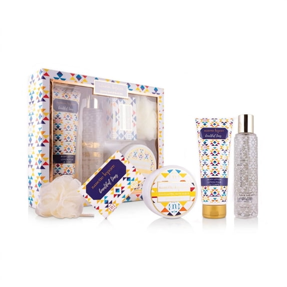 Nanette Lepore Beautiful Times Luxury Bath & Body Set, 5-Piece Gift Set with Body Lotion, Hair & Body Mist, Body Scrub, Body Bar and Loofah, Floral & Fruity Scents