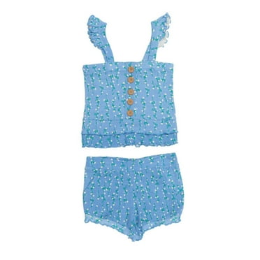 Nanette Lepore Big Girl 2-Piece Floral Print Ribbed Ruffle Top and Shorts Set (Blue, 10)