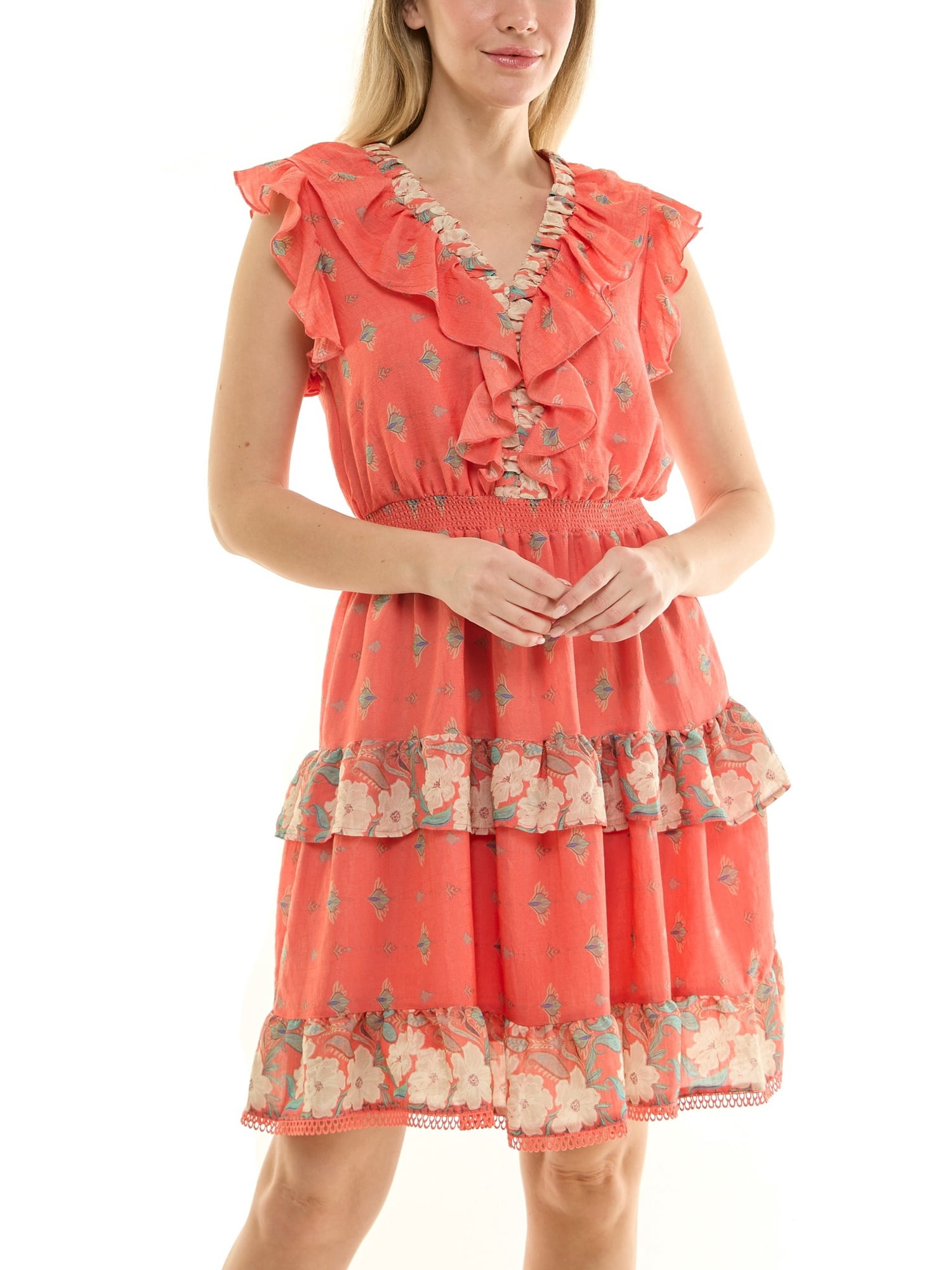 Flutter Sleeve Midi Dress with Border Print