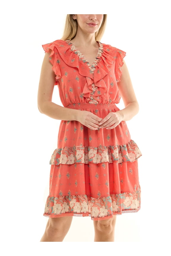 Flutter Sleeve Midi Dress with Border Print