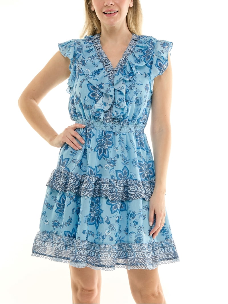 Nanette Lepore Flutter Sleeve Midi Dress with Border Print