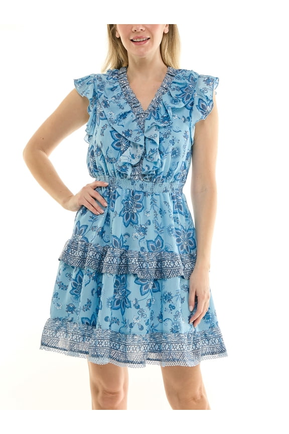 Flutter Sleeve Midi Dress with Border Print