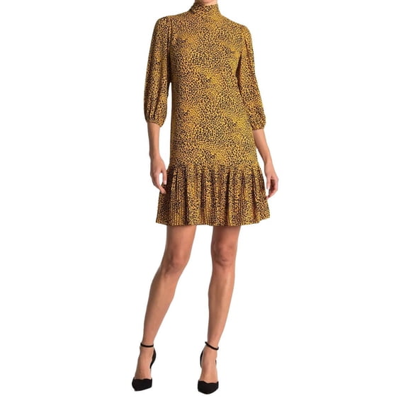 Nanette Lepore High Neck 3/4 Sleeve Bodycon Ruffled Hem Multi Print Chiffon Dress