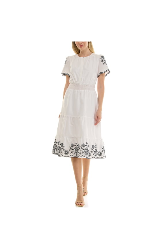 Split Neck Cotton Midi Dress With Embroidery
