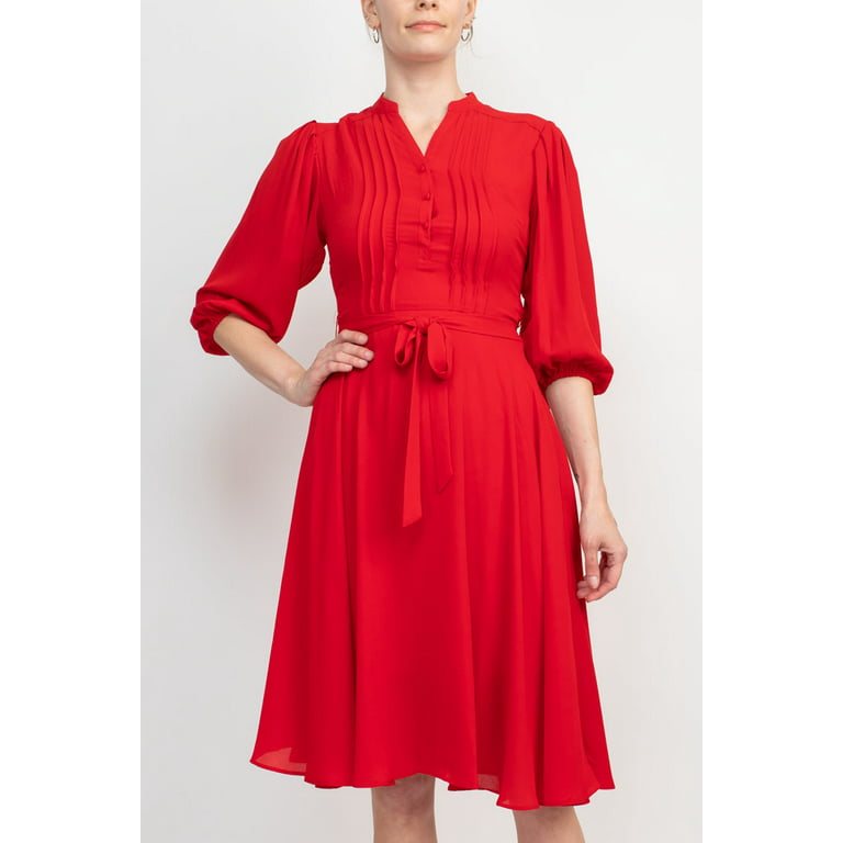 Nanette Lepore V-Neck 3-4 Sleeve Pleated Front Tie Waist A-Line Solid Crepe  Dress-RED RIDING / 14 