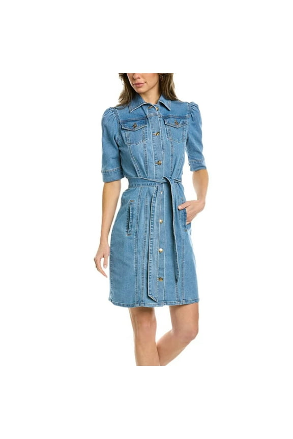 Women's Belted Button Front Stretch Denim Shirt Mini Dress (Blue, 10)