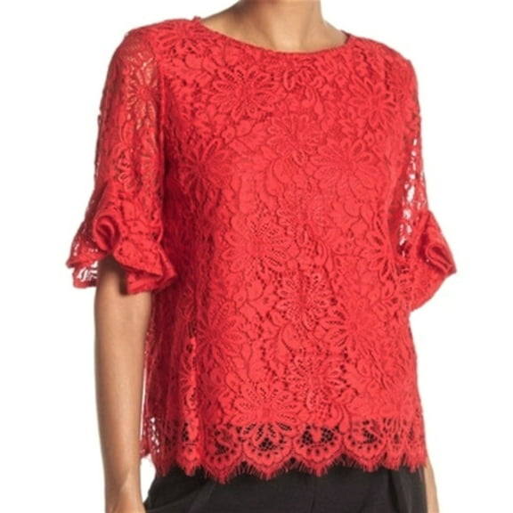 Nanette Lepore Women's Elbow Ruffle Sleeves Scallop Trim Hem Lace Blouse Top-Red / M