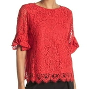 Nanette Lepore Women's Elbow Ruffle Sleeves Scallop Trim Hem Lace Blouse Top-Red / S